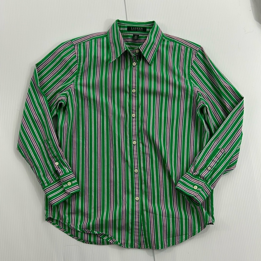 438. Lauren Ralph Lauren‎ Green and White Striped Women's Shirt (SP)